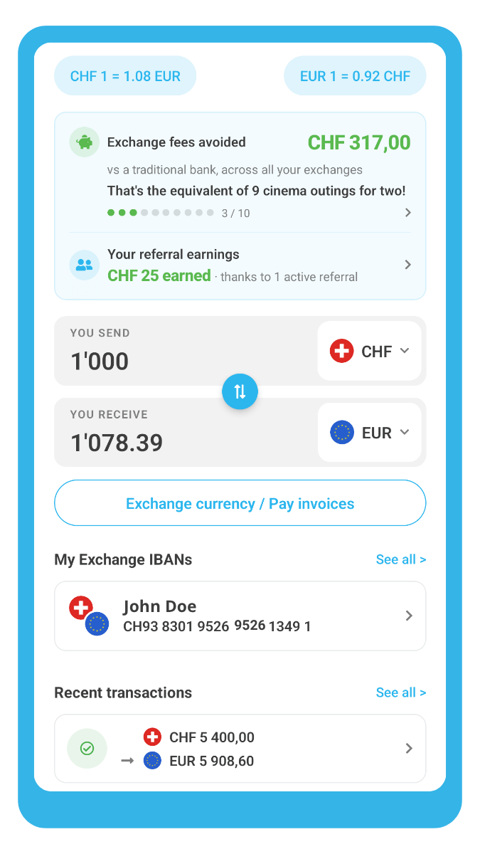 Home screen of the ibani app: balance, rate and exchange management