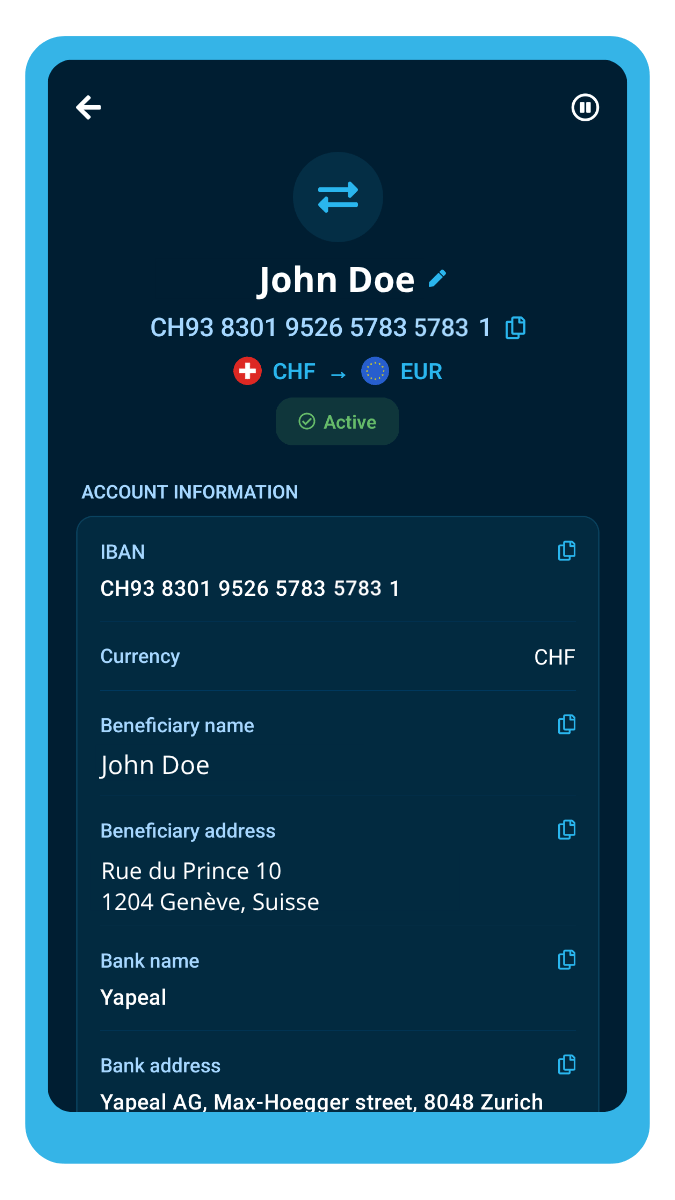 Screen of the ibani app showing the personal Swiss transit IBAN