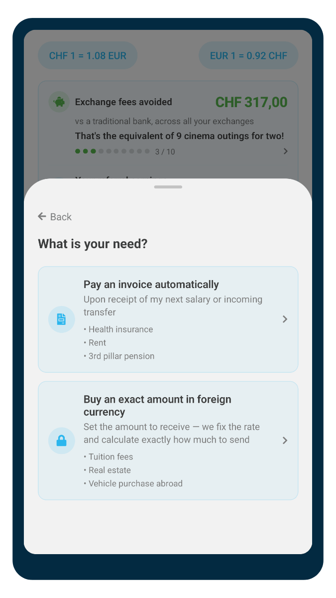 Screen for adding a Swiss bill (health insurance, 3rd pillar) in the ibani app